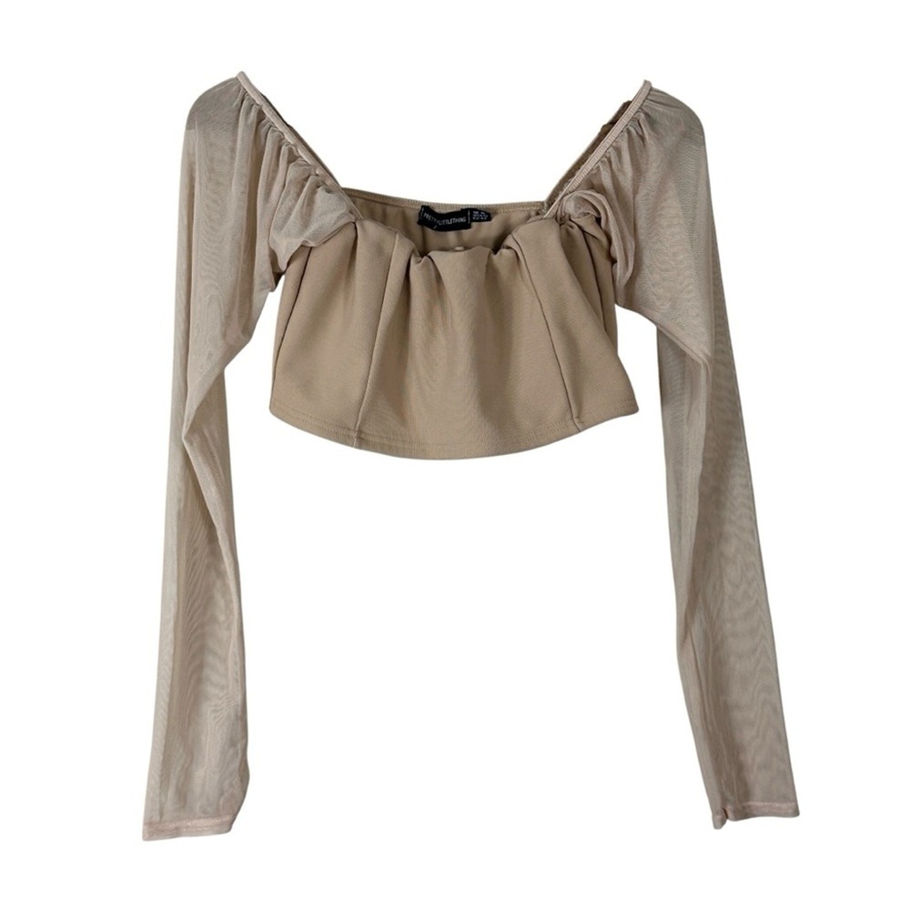 PrettyLittleThing Crop Top Womens 12 Beige Long Mesh Sleeve Boho Coquette Ballet